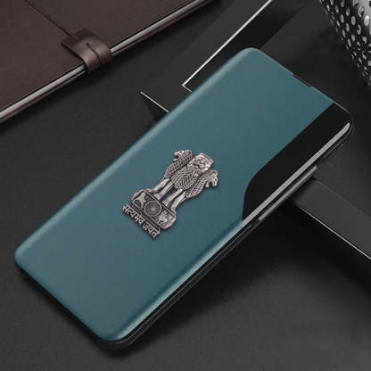 Vivo Y200 Pro 5G Metal Emblem Satyamev Jayate Half Window Leather Flip Case