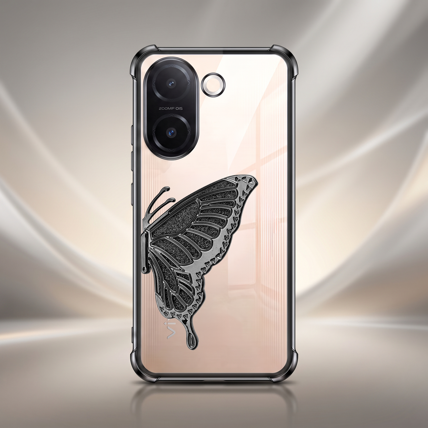 Vivo V60e 5G Premium Butterfly Glitter Stand Transparent Shockproof Airbag Phone Case