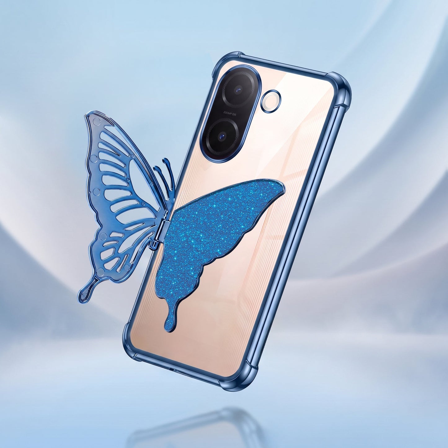 Vivo V60e 5G Premium Butterfly Glitter Stand Transparent Shockproof Airbag Phone Case