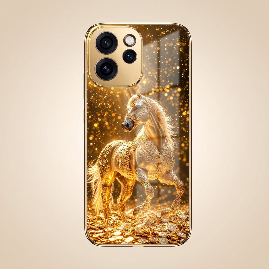 Oppo Reno 15 Pro Mini 5G Golden Horse Sparkle Gold Electroplated Glass Phone Back Case