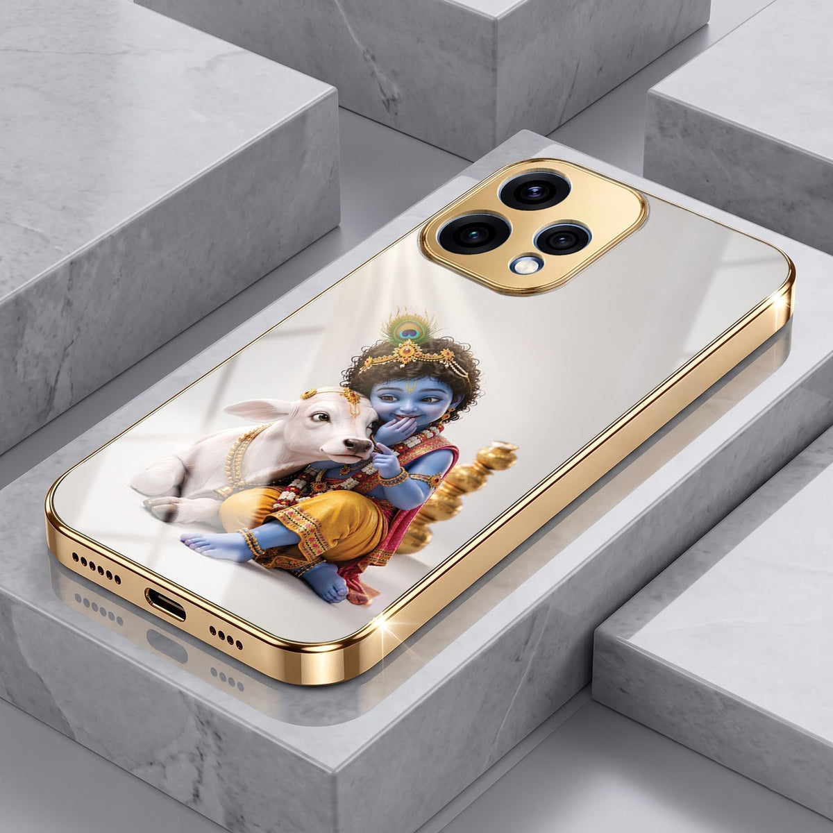 Oppo Reno 15 5G Bal Krishna Blessings Gold Electroplated Glass Phone Back Case