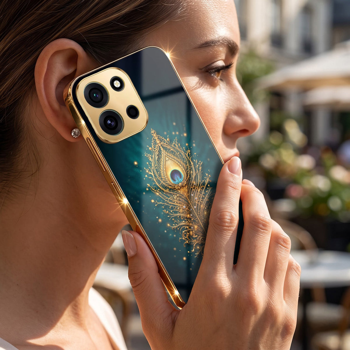 OnePlus Nord 6 5G Golden Peacock Feather Gold Electroplated Glass Phone Back Case