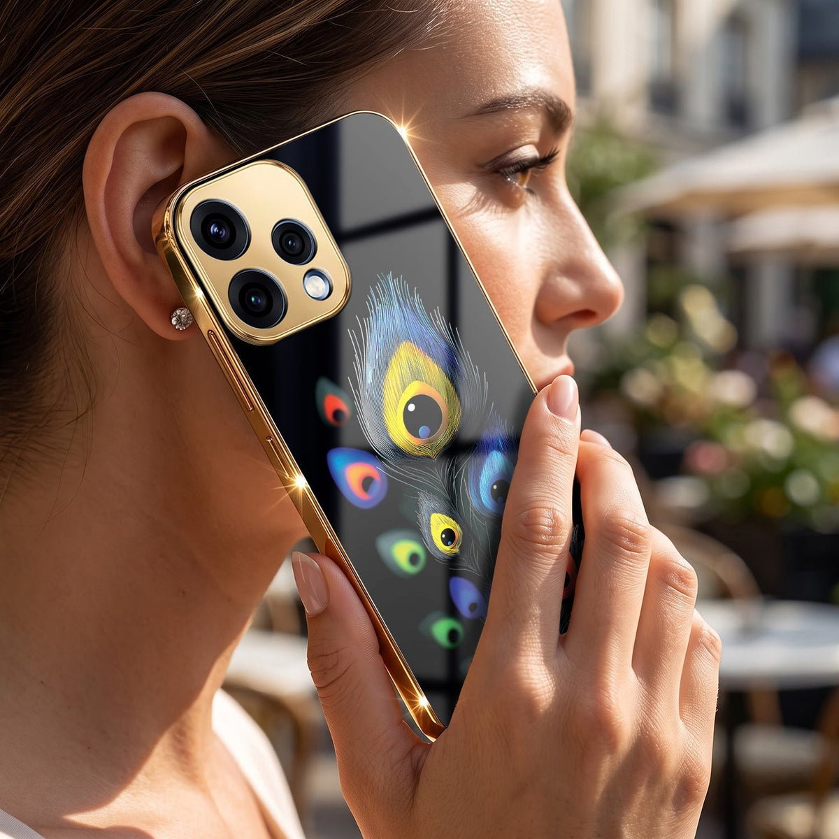 Oppo Reno 15 5G Multi-Feather Peacock Gold Electroplated Glass Phone Back Case