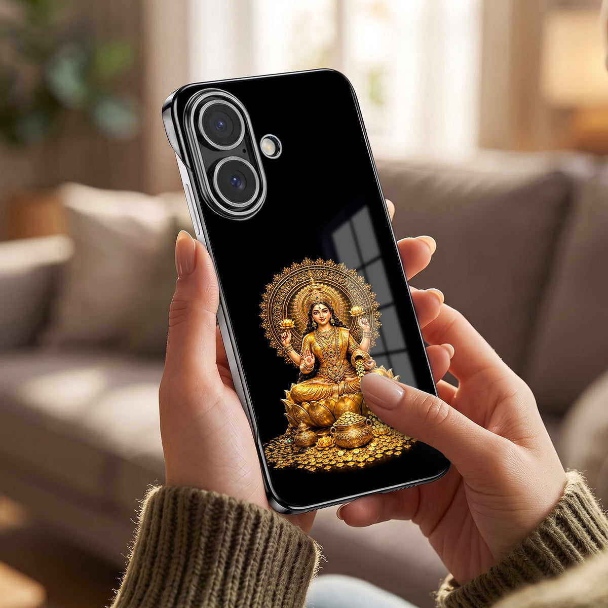 iPhone 16 Plus 5G Maa Lakshmi Black Printed  Frameless Back Case