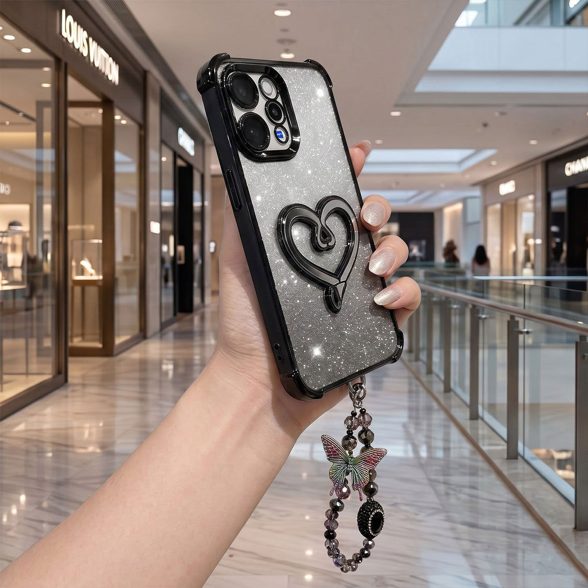 Vivo V70 5G Luxury Shimmer Airbag Heart Stand Case with Charm Strap
