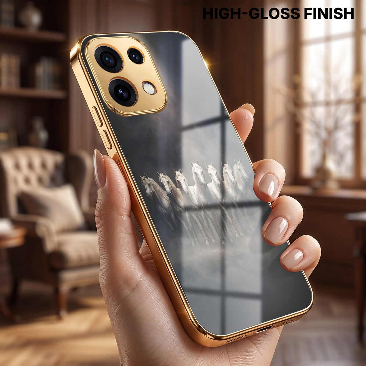 Oppo Reno 16C 5G Running Horses Gold Electroplated Glass Phone Back Case