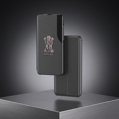 Vivo Y200 Pro 5G Metal Emblem Satyamev Jayate Half Window Leather Flip Case