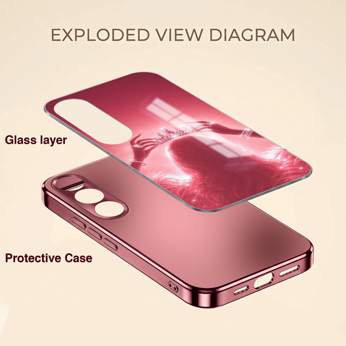 Vivo V70 FE 5G Luxury Crown Queen Pink Electroplated Glass Phone Back Case