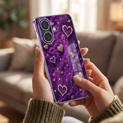 iPhone 16 Plus 5G Glitter Hearts Purple Printed  Frameless Back Case