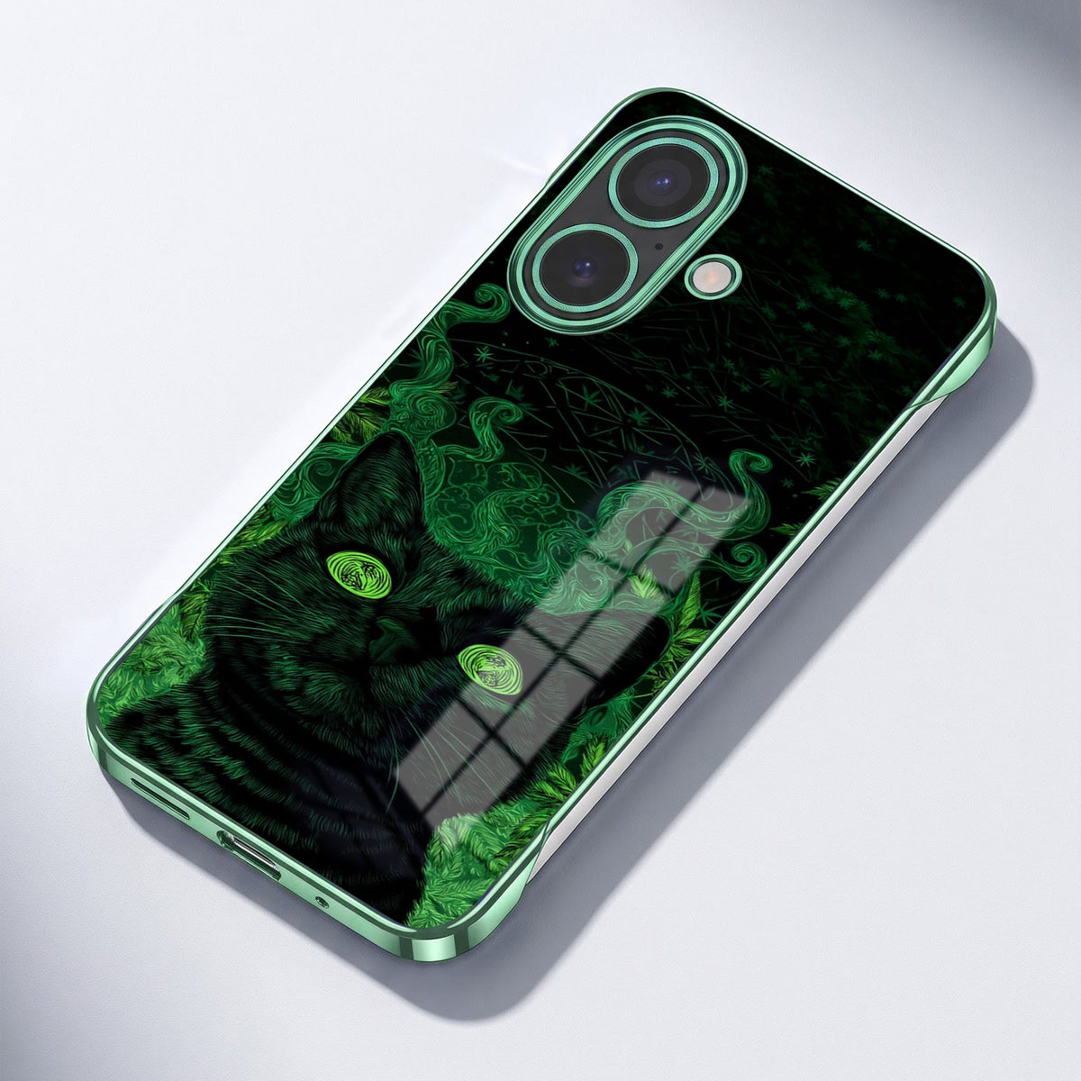 iPhone 16 Plus 5G Mystic Cat Green Printed  Frameless Back Case