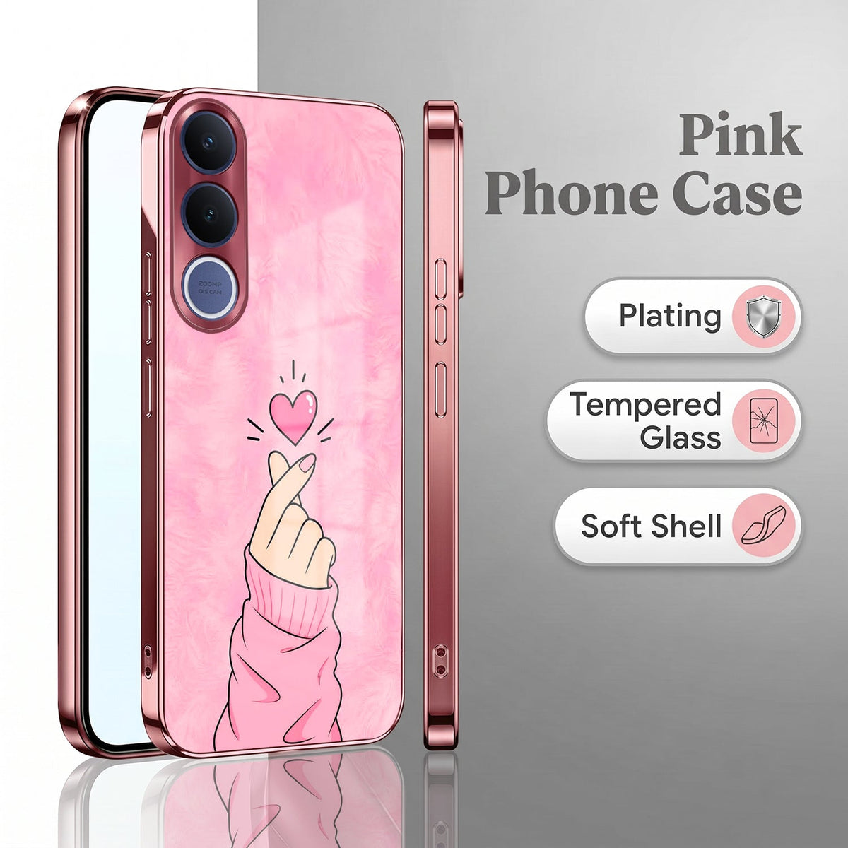 Vivo V70 FE 5G Luxury Heart Pink Electroplated Glass Phone Back Case
