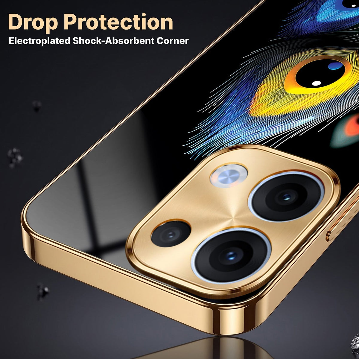 Oppo Reno 13 5G Multi-Feather Peacock Gold Electroplated Glass Phone Back Case