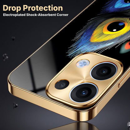Oppo Reno 13 5G Multi-Feather Peacock Gold Electroplated Glass Phone Back Case