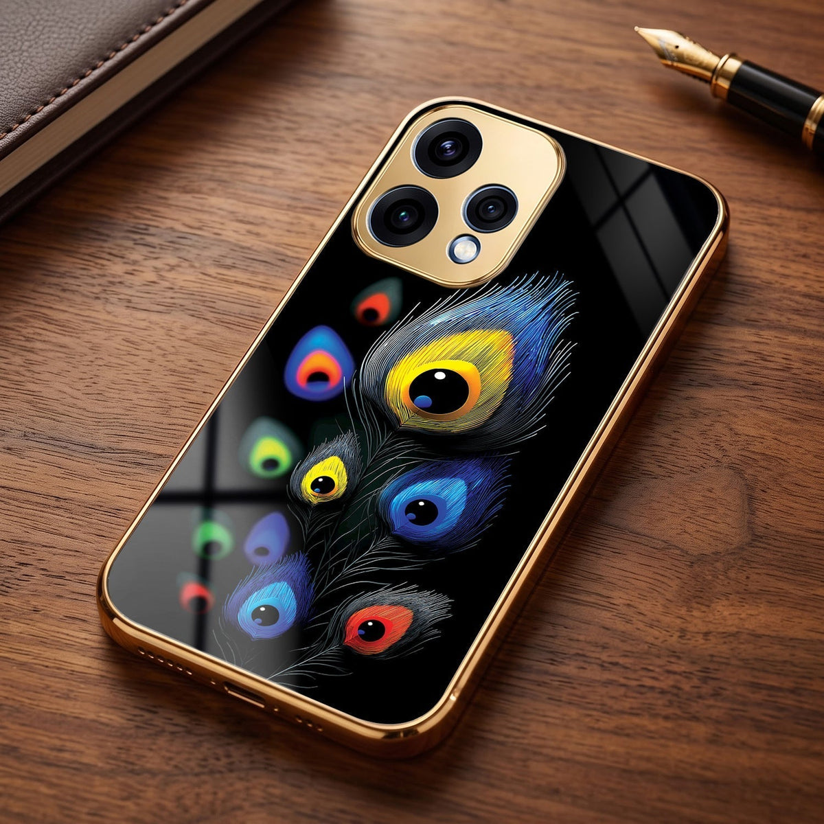 Oppo Reno 15 5G Multi-Feather Peacock Gold Electroplated Glass Phone Back Case