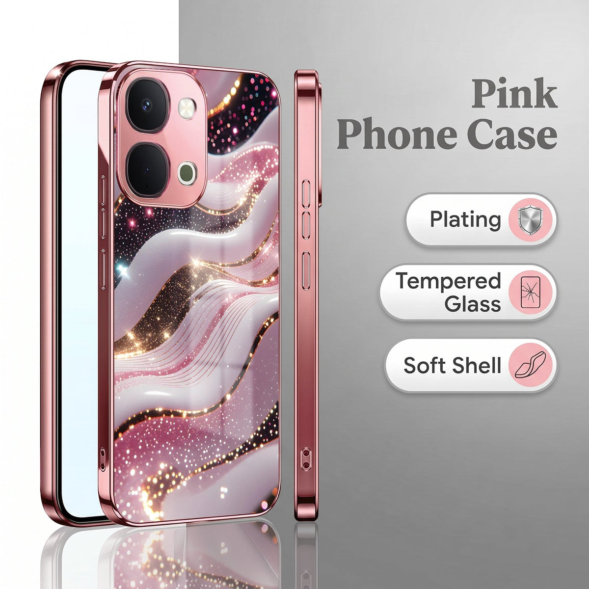 Vivo T5x 5G Midnight Pearl Wave Pink Electroplated Glass Phone Back Case