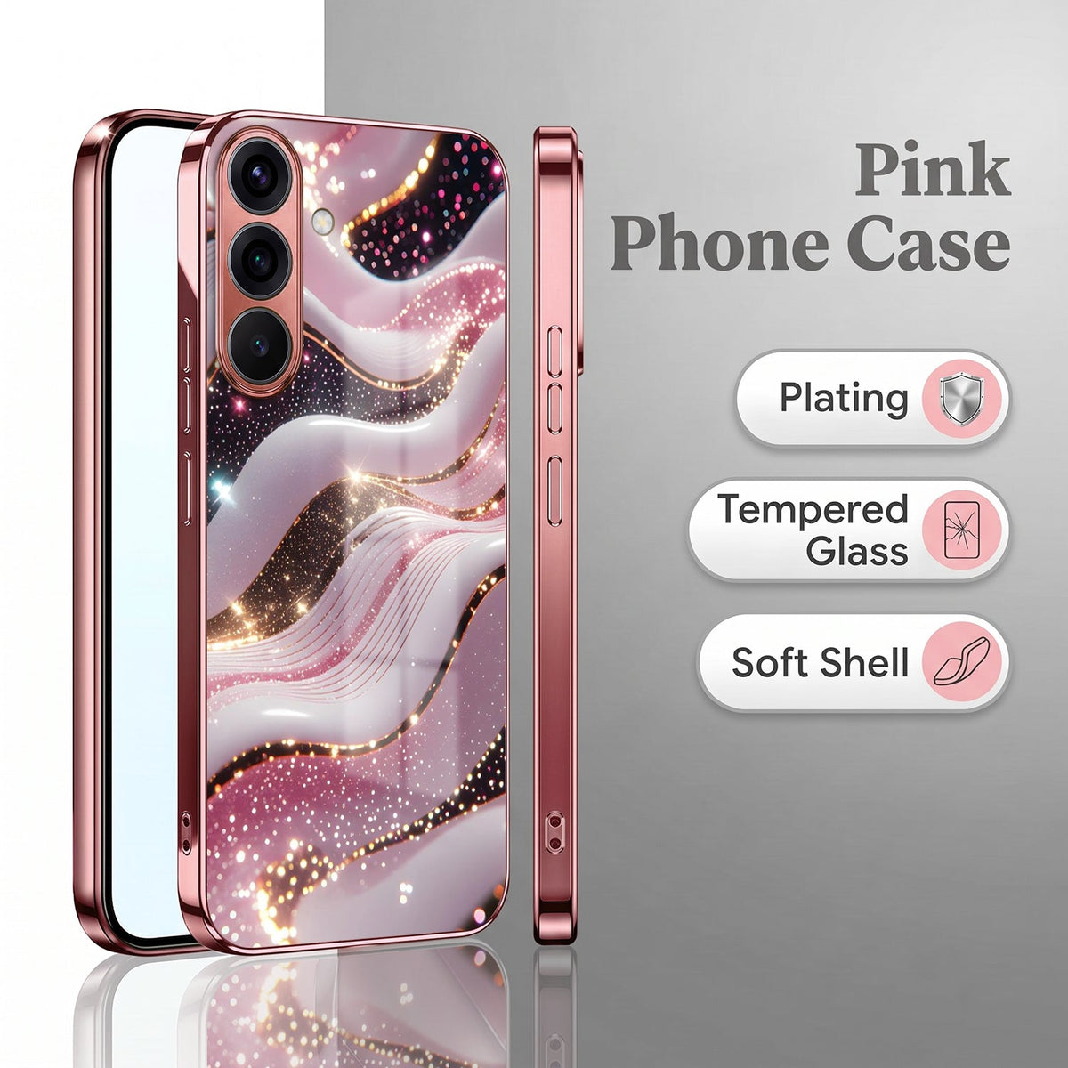 Samsung Galaxy A56 5G Midnight Pearl Wave Pink Electroplated Glass Phone Back Case