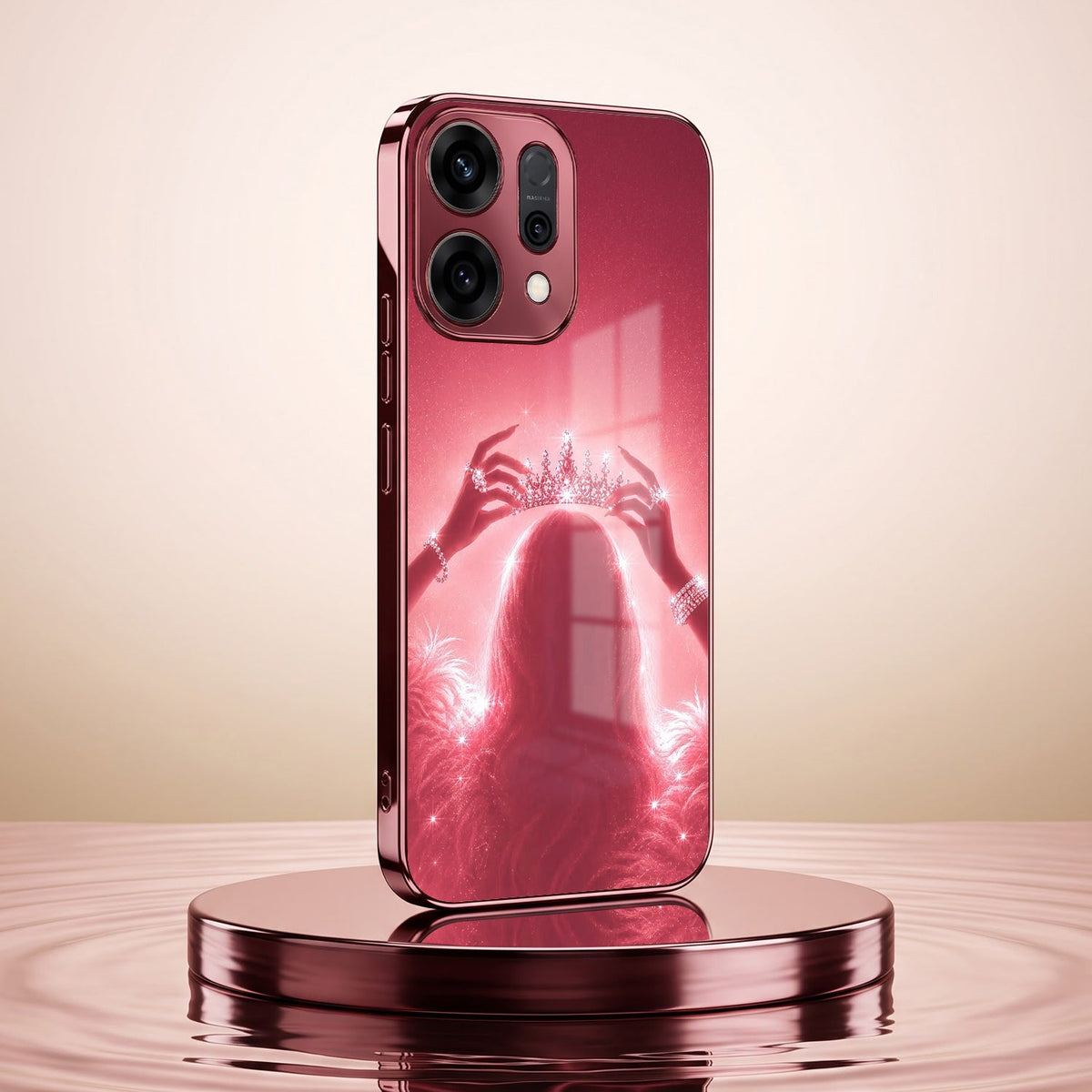 Oppo Reno 14 5G Luxury Crown Queen Pink Electroplated Glass Phone Back Case