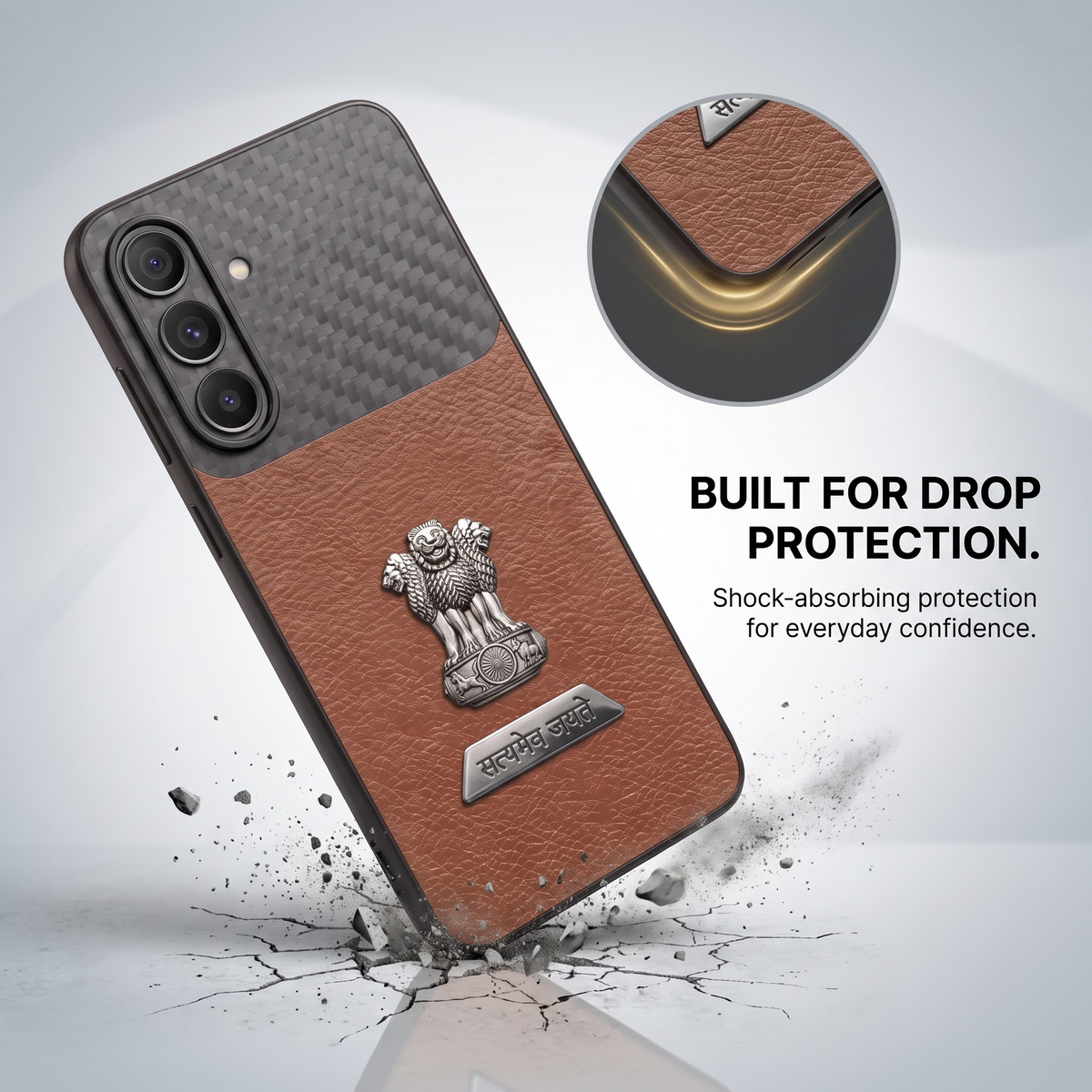 Samsung Galaxy A27 5G Satyamev Jayate 2-in-1 Emblem Carbon Fiber Leather Phone Case