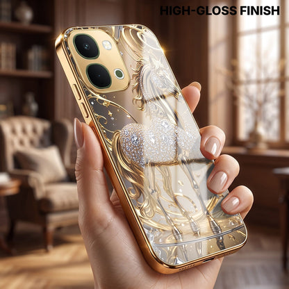 Vivo T5X 5G Luxury Horse Texture Gold Electroplated Glass Phone Back Case