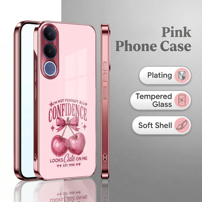Vivo V70 FE 5G Luxury Cherry Bow Pink Electroplated Glass Phone Back Case