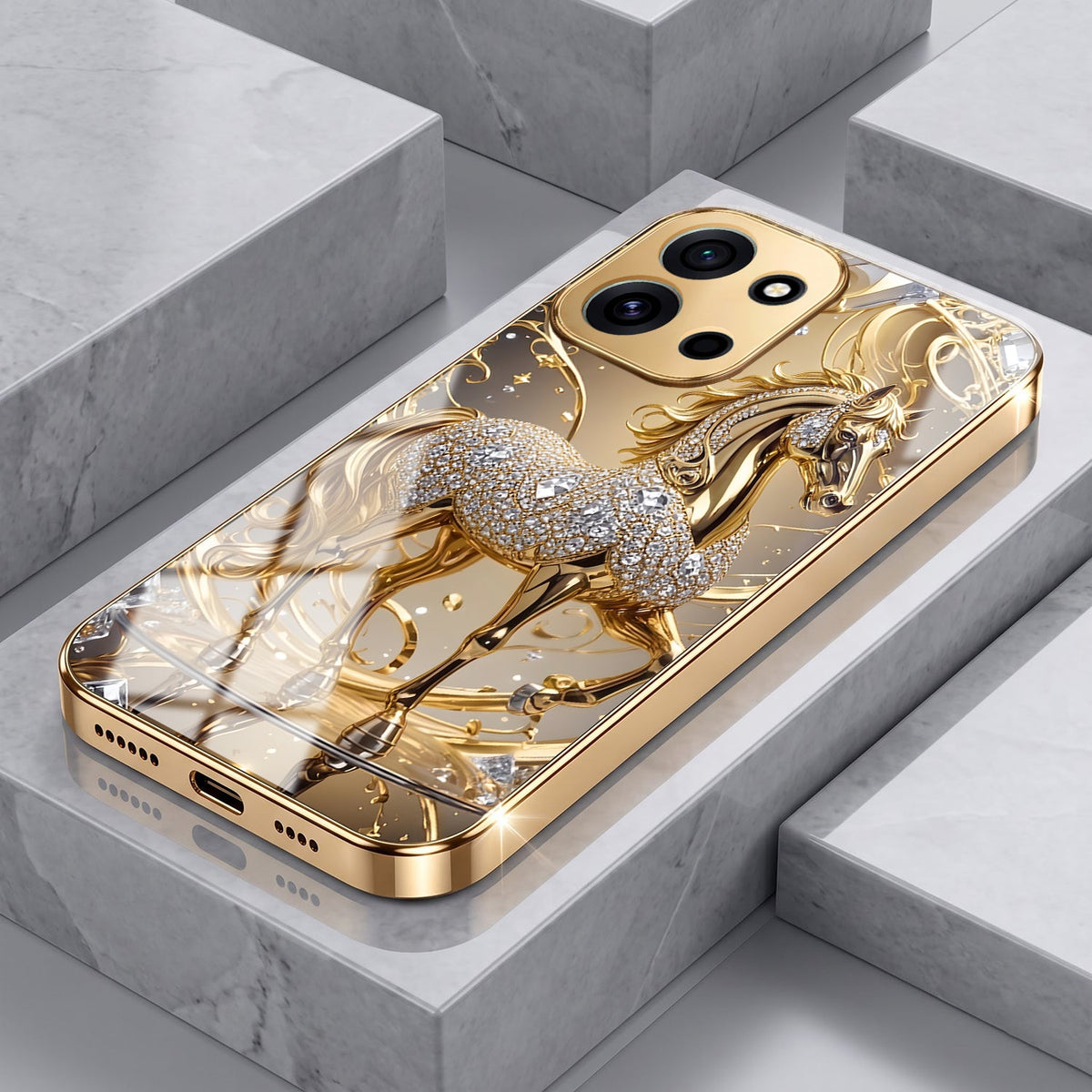 OnePlus Nord 6 5G Luxury Horse Texture Gold Electroplated Glass Phone Back Case
