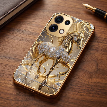 Oppo Reno 16C 5G Luxury Horse Texture Gold Electroplated Glass Phone Back Case