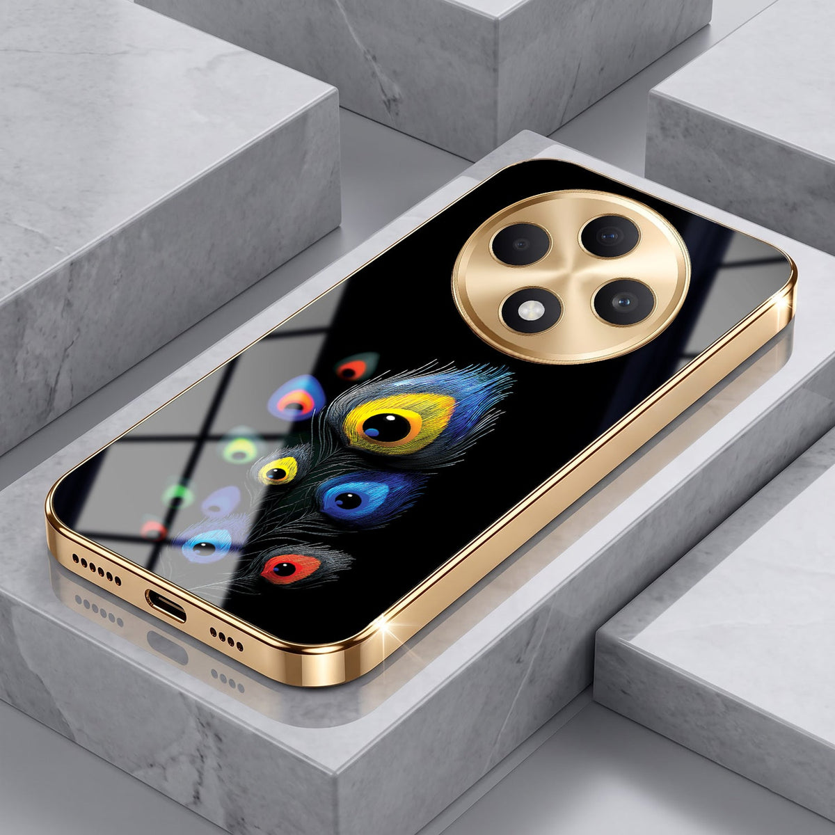 Oppo F27 Pro+ 5G Multi-Feather Peacock Gold Electroplated Glass Phone Back Case