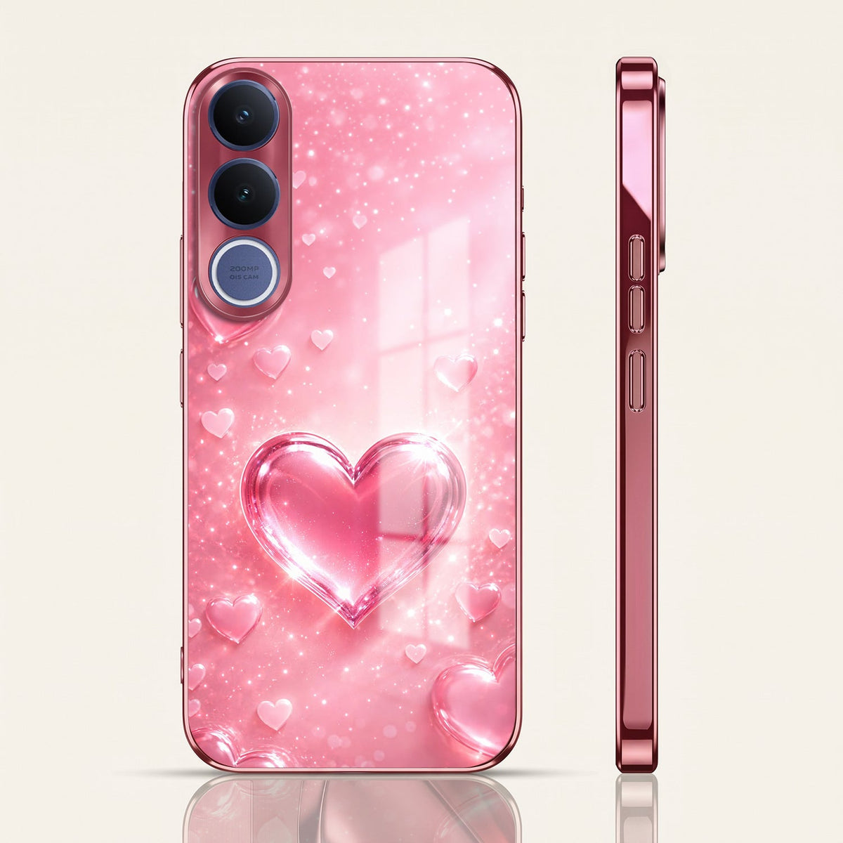 Vivo V70 FE 5G Luxury 3D Jelly Heart Pink Electroplated Glass Phone Back Case