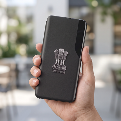 Vivo Y28 5G Metal Emblem Satyamev Jayate Half Window Leather Flip Case
