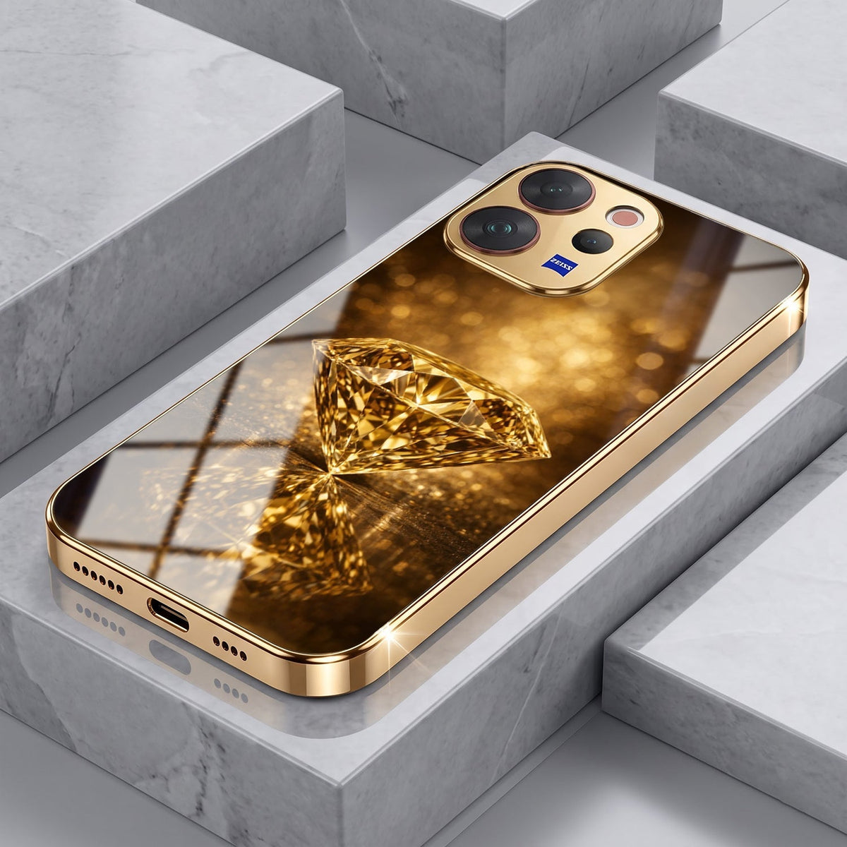 Vivo V70 5G Golden Diamond Gold Electroplated Glass Phone Back Case