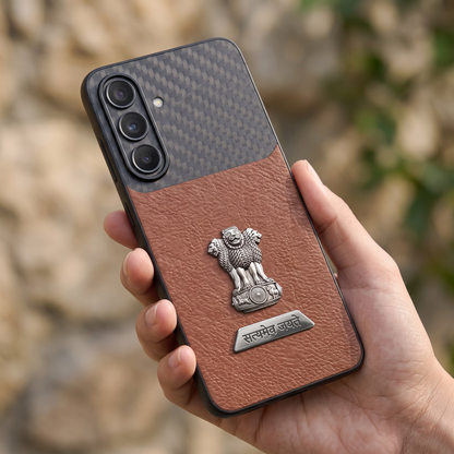 Samsung Galaxy A27 5G Satyamev Jayate 2-in-1 Emblem Carbon Fiber Leather Phone Case