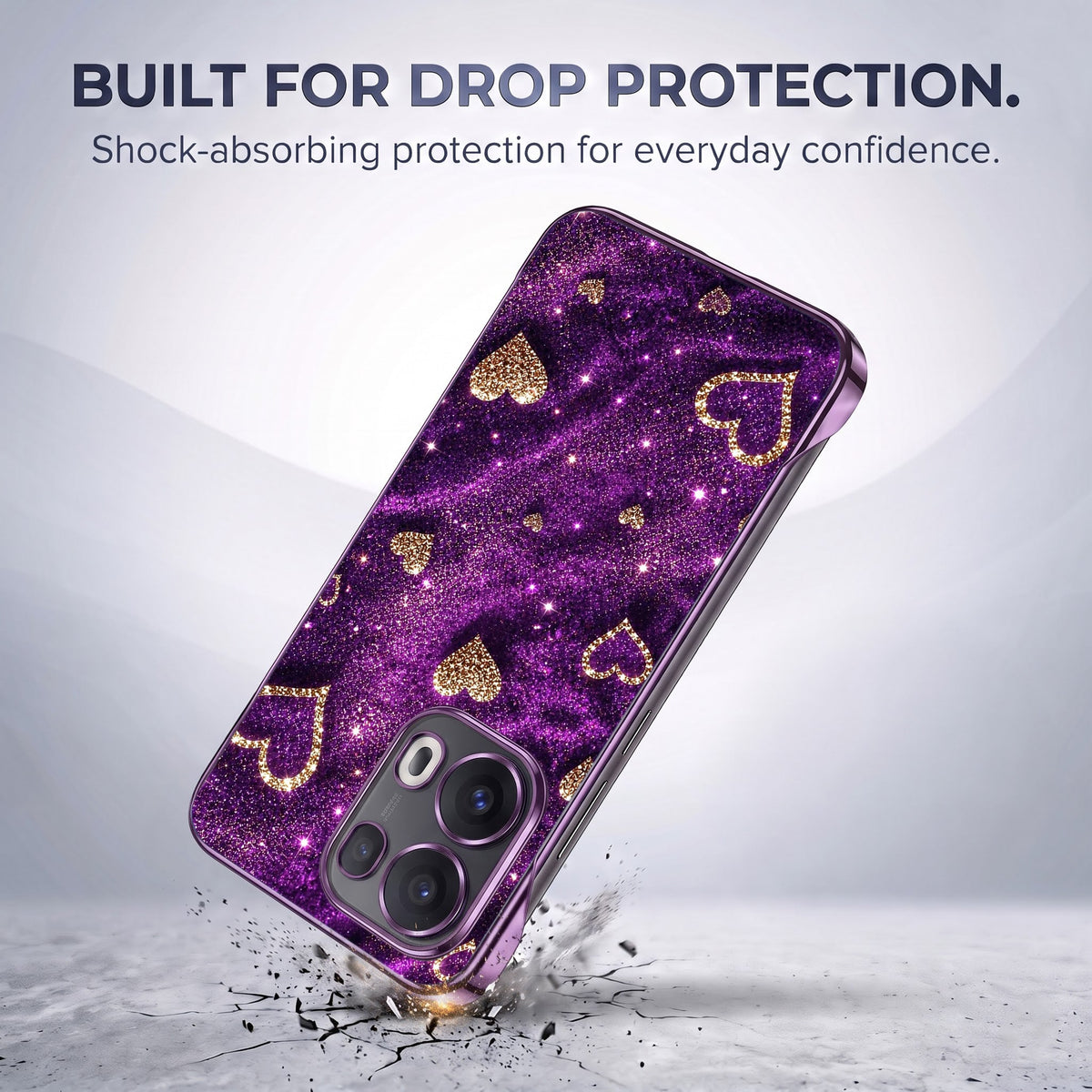 Oppo Reno 13 Pro 5G Glitter Hearts Purple Printed  Frameless Back Case