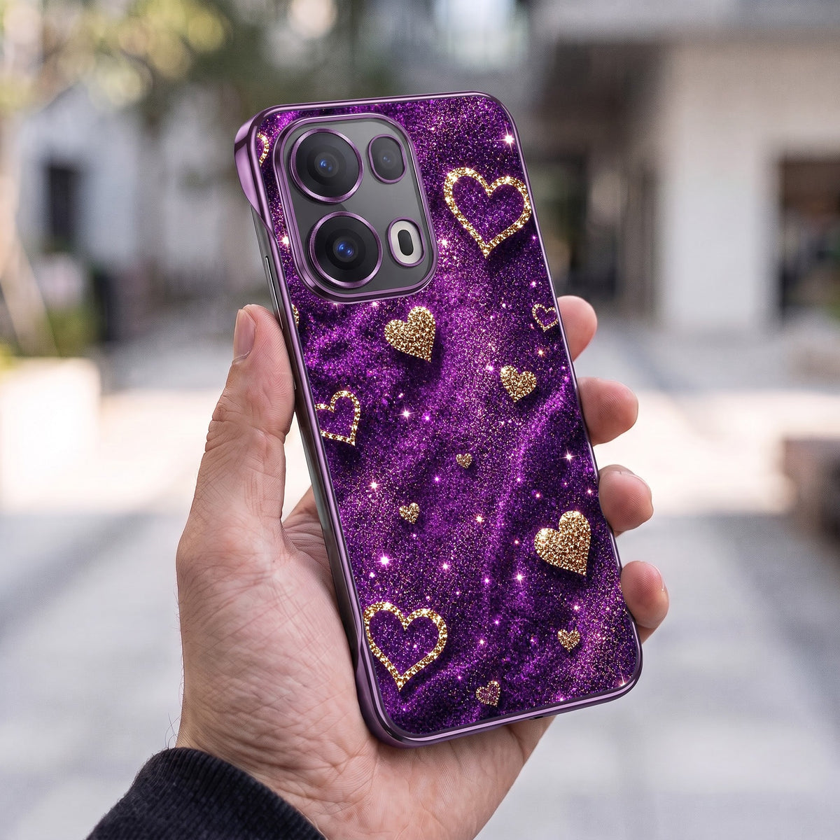 Oppo Reno 13 Pro 5G Glitter Hearts Purple Printed  Frameless Back Case
