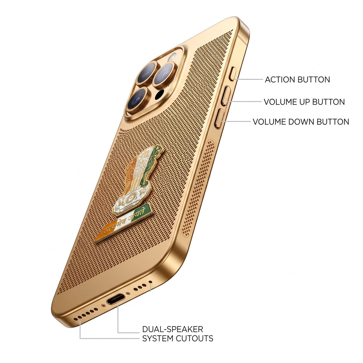 iPhone 16 Pro 5G Tri-Color Satyamev Jayate Mesh Electroplated Heat Dissipation Case