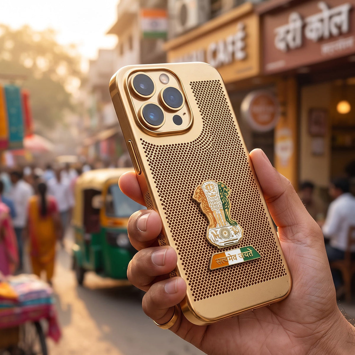 iPhone 16 Pro 5G Tri-Color Satyamev Jayate Mesh Electroplated Heat Dissipation Case