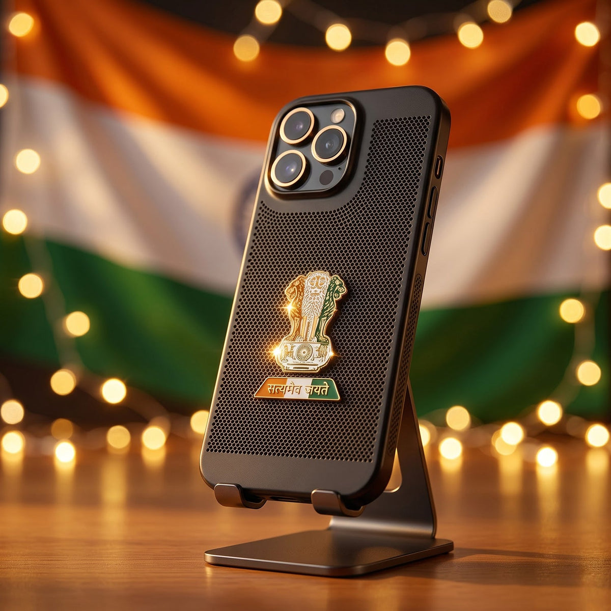 iPhone 16 Pro Max 5G Tri-Color Satyamev Jayate Mesh Electroplated Heat Dissipation Case
