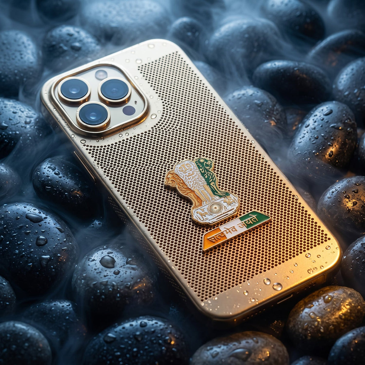 iPhone 16 Pro Max 5G Tri-Color Satyamev Jayate Mesh Electroplated Heat Dissipation Case