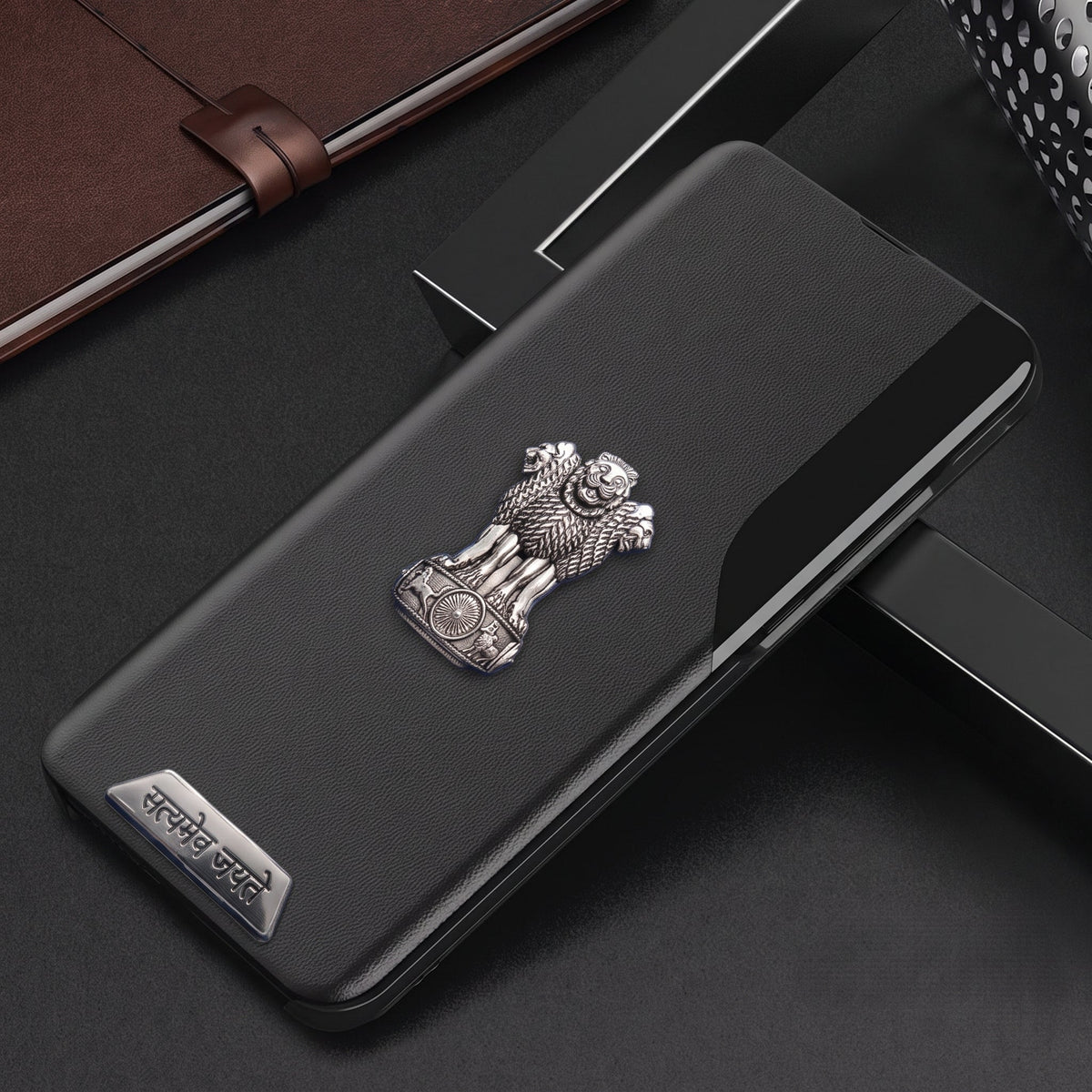 Motorola Edge 50 Pro 5G Metal Satyamev Jayate 2-in-1 Emblem Half-Window Leather Flip Case