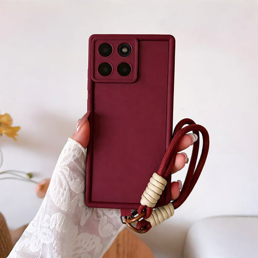 Maroon phone case with a strap held by a hand on a light background
