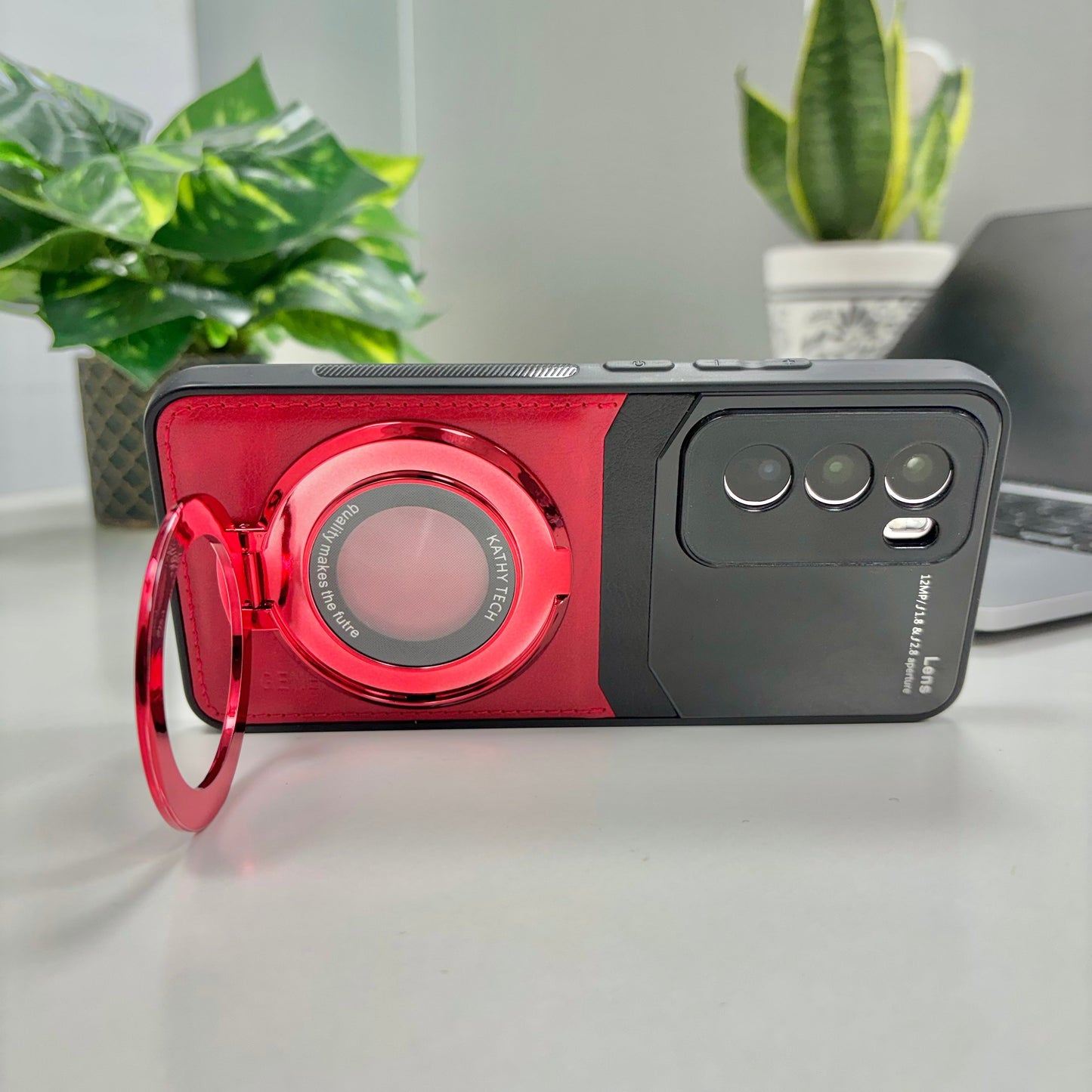 Oppo Reno12 Pro Original Luxury Leather Lens Magnifier Ring Stand Case