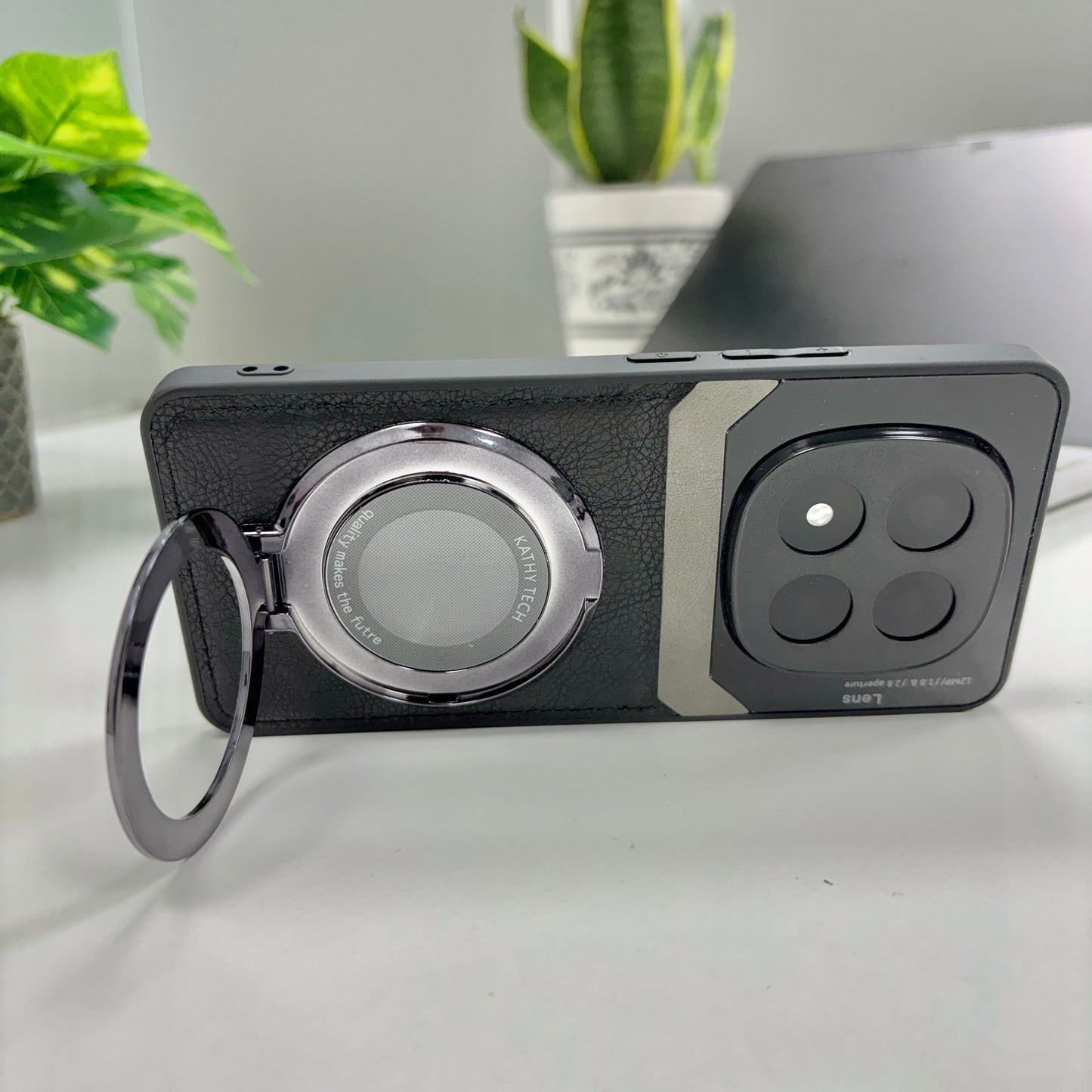 Redmi Note 14 Pro 5G Original Luxury Leather Lens Magnifier Ring Stand Case