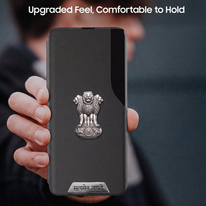 Vivo Y200 Pro 5G Metal Satyamev Jayate 2-in-1 Emblem Half-Window Leather Flip Case