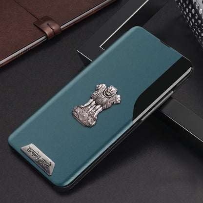Vivo Y28 5G Metal Satyamev Jayate 2-in-1 Emblem Half-Window Leather Flip Case