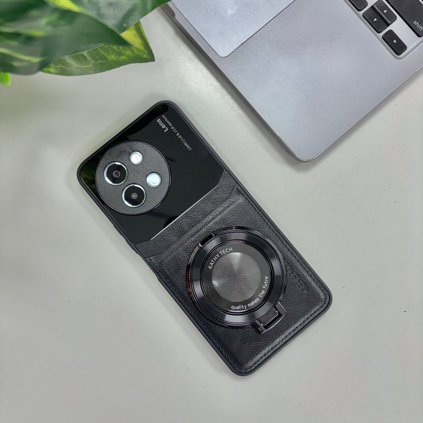 Vivo Y58 5G Original Luxury Leather Lens Magnifier Ring Stand Case