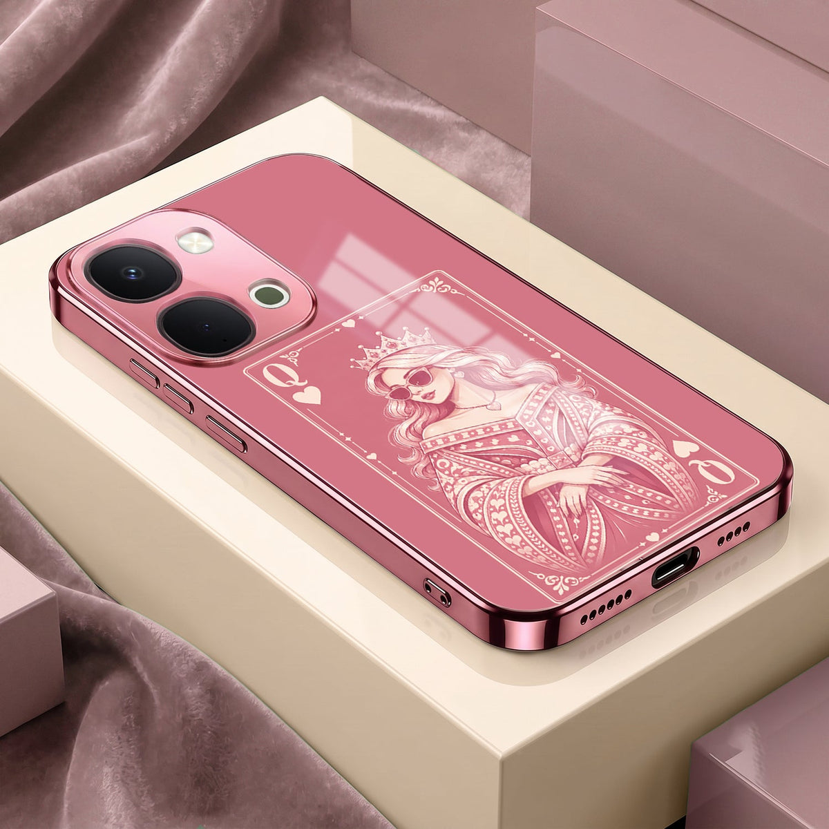 Vivo T5x 5G Luxury Royal Queen Pink Electroplated Glass Phone Back Case