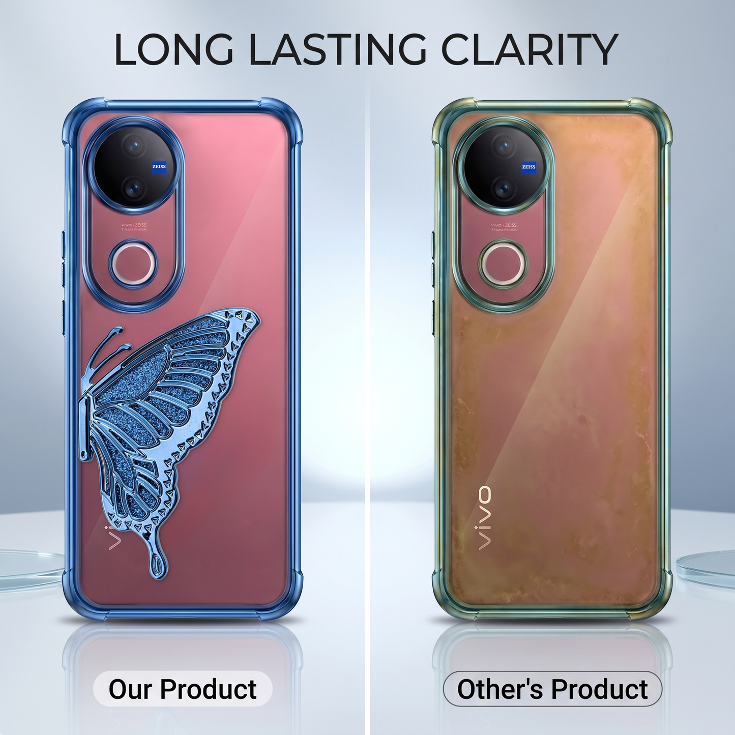 Vivo V50 5G Premium Butterfly Glitter Stand Transparent Shockproof Airbag Phone Case