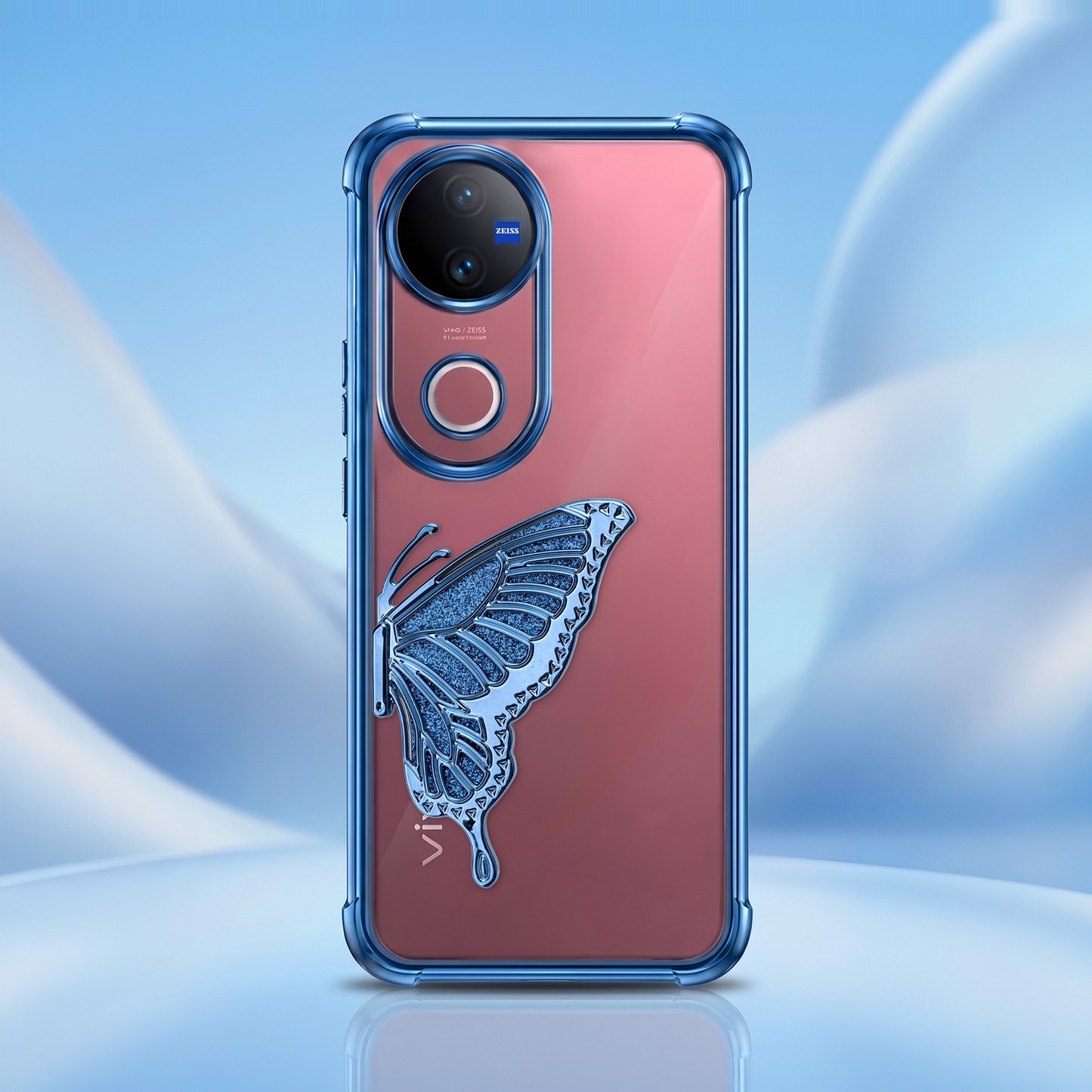 Vivo V50 5G Premium Butterfly Glitter Stand Transparent Shockproof Airbag Phone Case