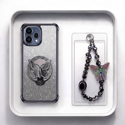 Oppo Reno 15 5G Luxury Shimmer Airbag Butterfly Stand Case with Charm Strap