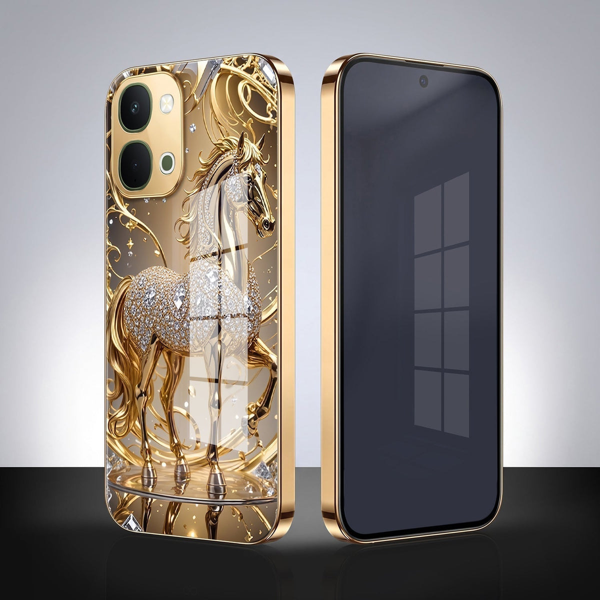 Vivo T5X 5G Luxury Horse Texture Gold Electroplated Glass Phone Back Case