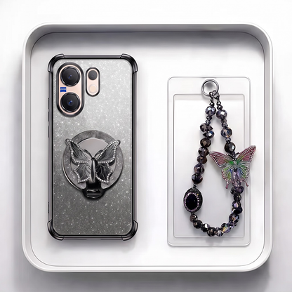 Vivo V60 5G Luxury Shimmer Airbag Butterfly Stand Case with Charm Strap